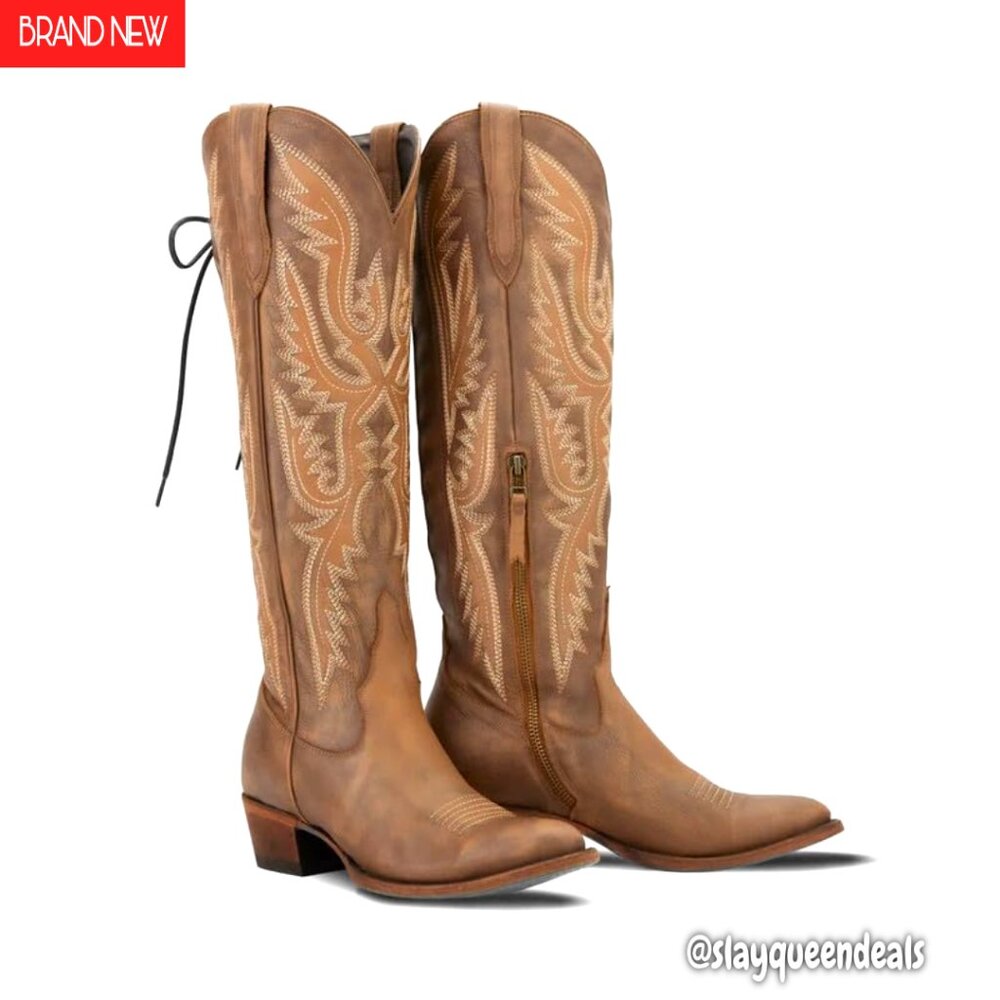Adjustable Thigh High Cowboy Boots, 2 Inch Heel, Side Zipper, Western Style